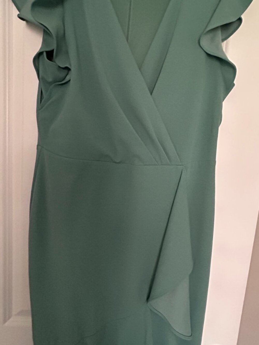 London Times  Faux wrap Sage Green Ruffle Trim Dress 14